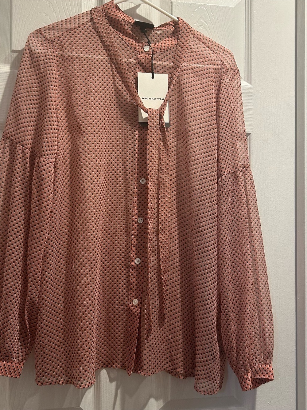 Who What Wear Rose Pink Geometric Tie-Neck Blouse